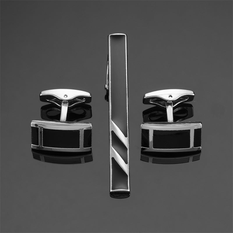 Black Enamel Silver Diagonal Stripes Tie Clip Cuff Buckle Set