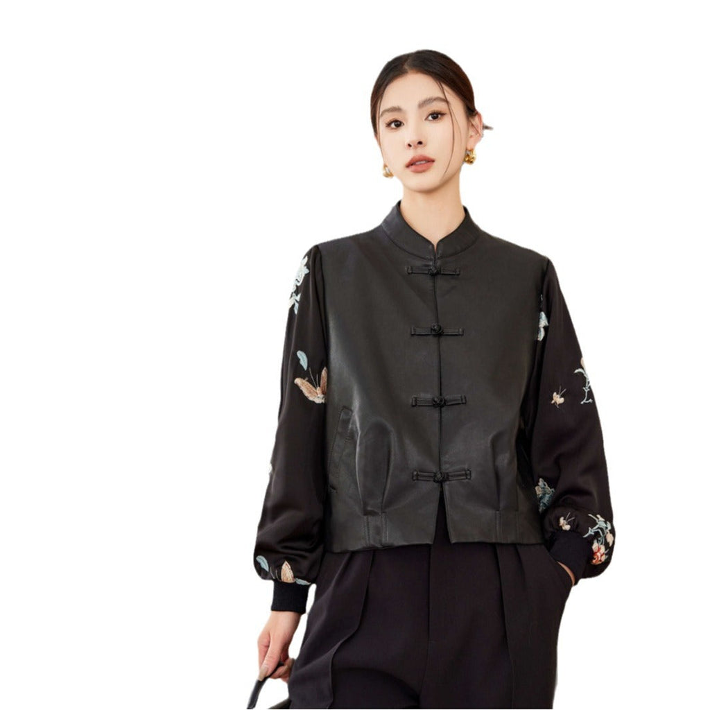 New Chinese Style Stitching Leather Coat Women's Retro Women's