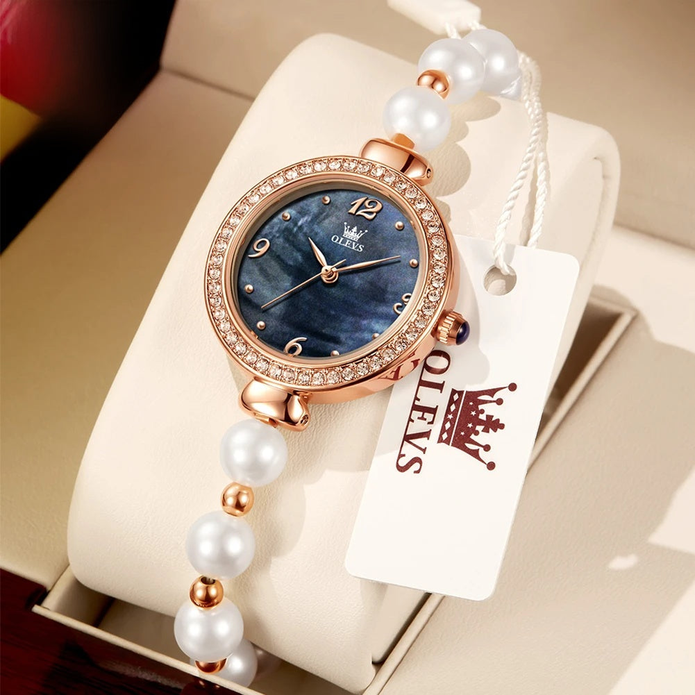 Montre Bracelet Femme Perles, Lunette Cristal Rose Doré