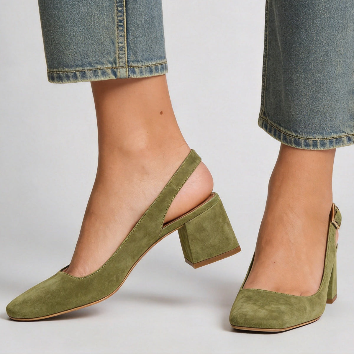 Women's Square Toe Slingback Chunky Heels – Buckle Strap Wide Fit