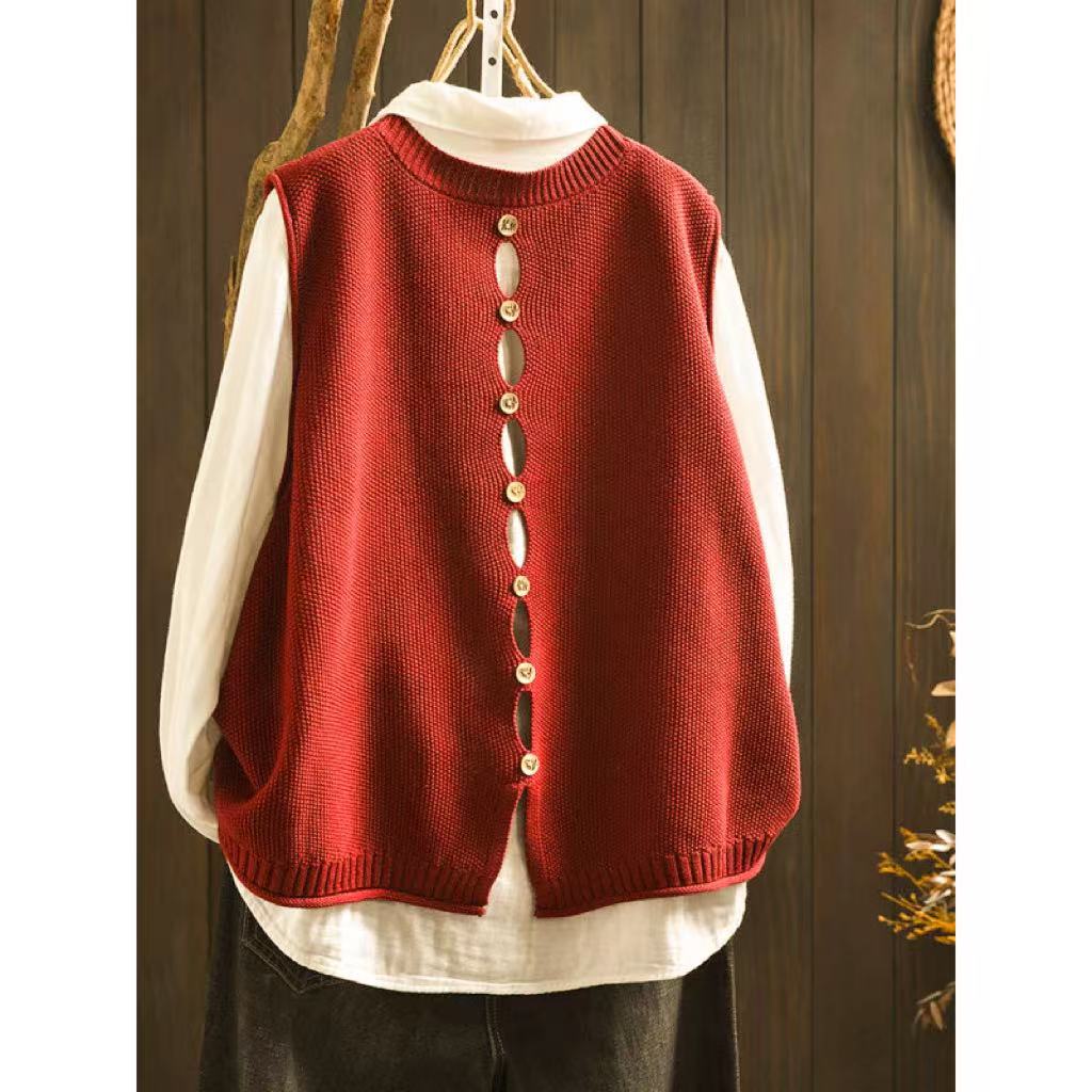 Back Buttoned Cotton Thread Knitted Vest Women
