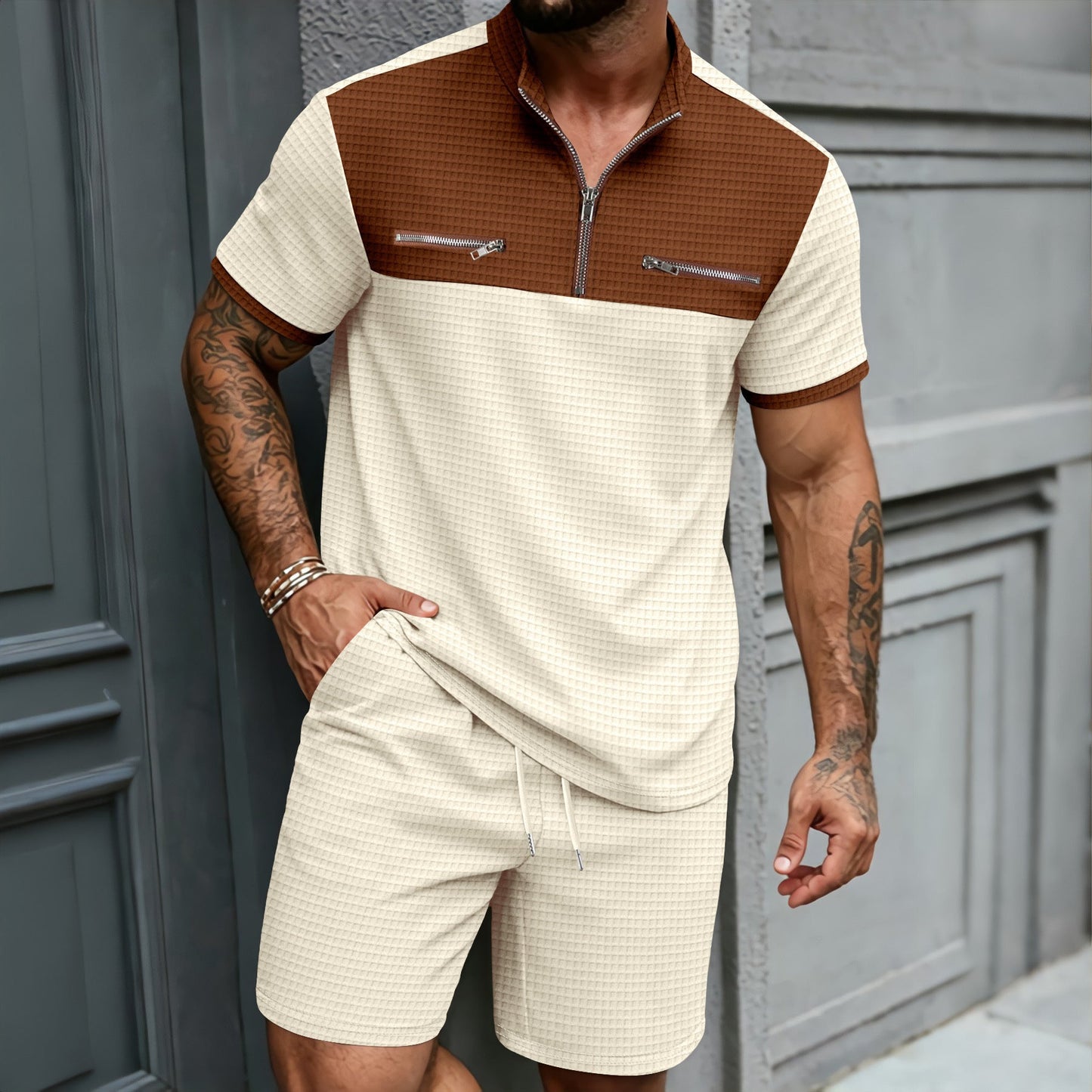 Mens Half-Zip Stand-Neck Short-Sleeve T-Shirt And Shorts Set