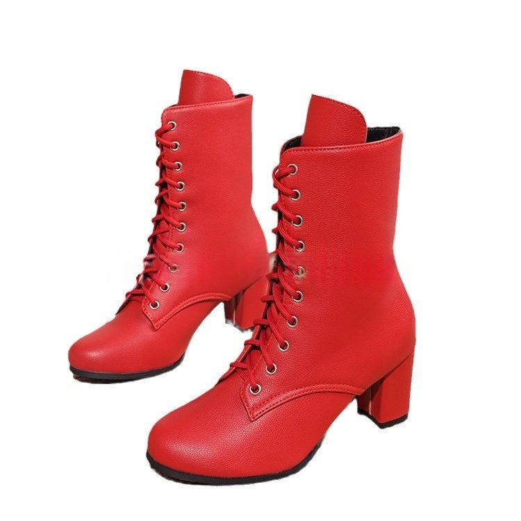 Womens Fashionable Block-heeled Lace-up Boots In Large Sizes