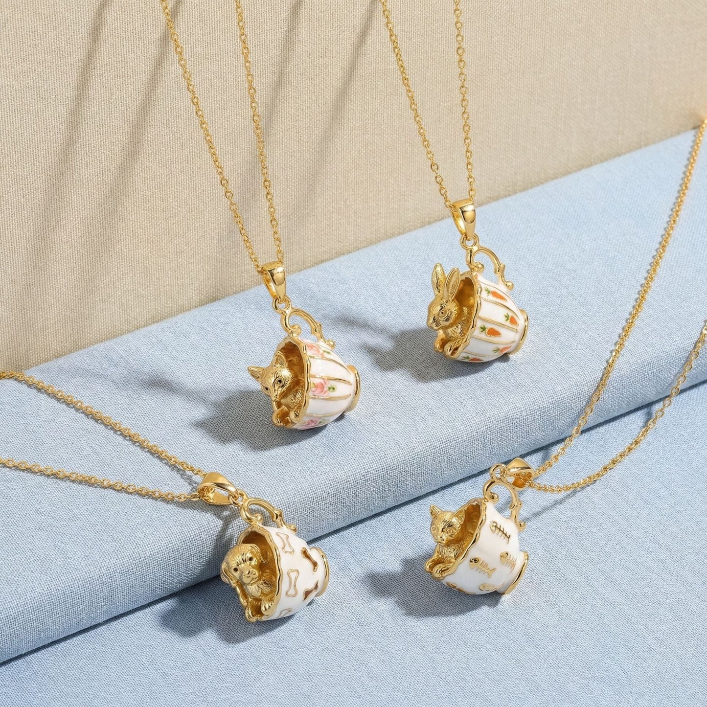 Golden Pendant Necklace In The Shape Of A Teacup Rabbit