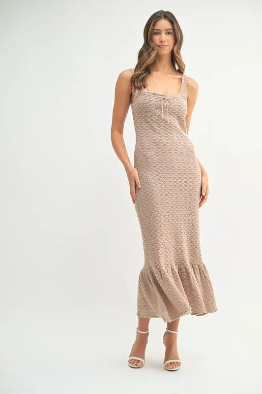 Ruffled Hem Sleeveless Crochet Knit Midi Dress For Women – Crochet Knit Dress, Ruffled Hem Dress, Sleeveless Midi Dress, Summer Dress, Elegant Knit Dress