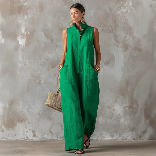 Linen Blend Sleeveless Stand-Collar Jumpsuit – 5 Colors S–3XL