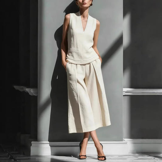 Women's Sleeveless Linen Shirt & Cropped Pants Set – Casual 2-Piece Outfit