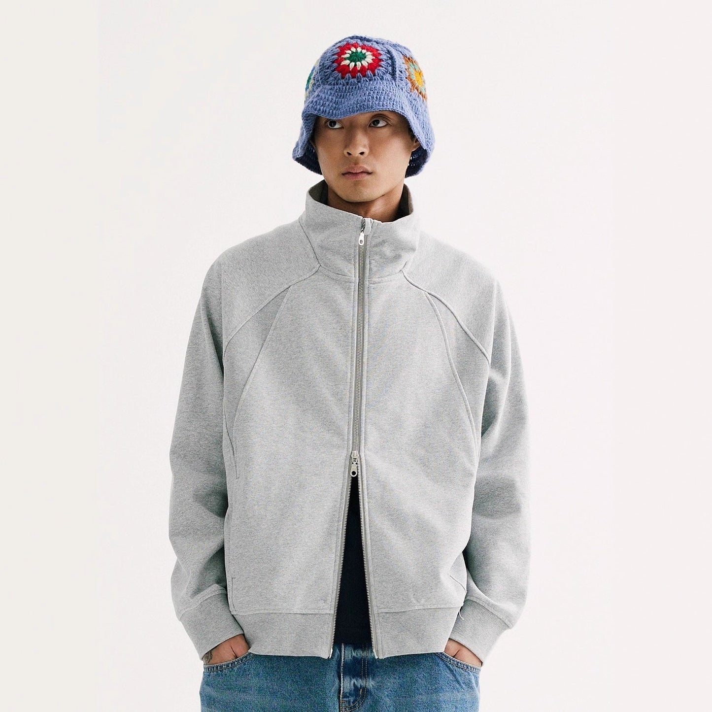 Retro Solid-color Curved-cut Stand-collar Zip-up Hoodie