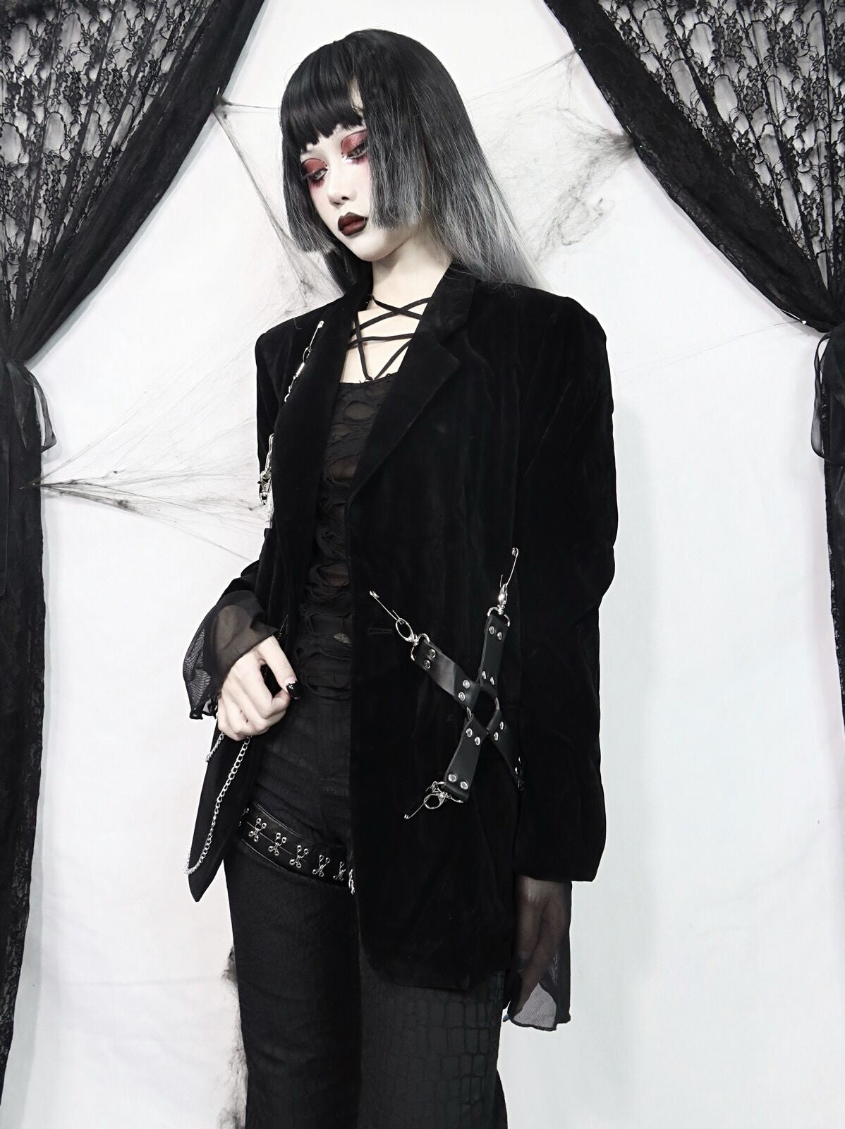 Gothic Style Dark Black Velvet Woolen Shoulder Pad Blazer Women