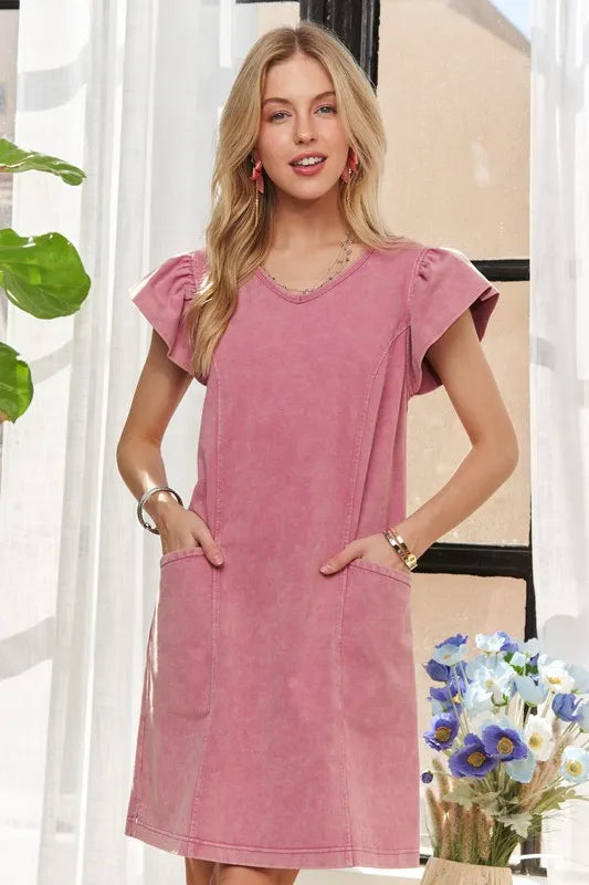Mineral Washed V-Neck Ruffled Cap Sleeve Dress – Trendy, Comfortable, Playful, Unique Wash For Any Occasion
