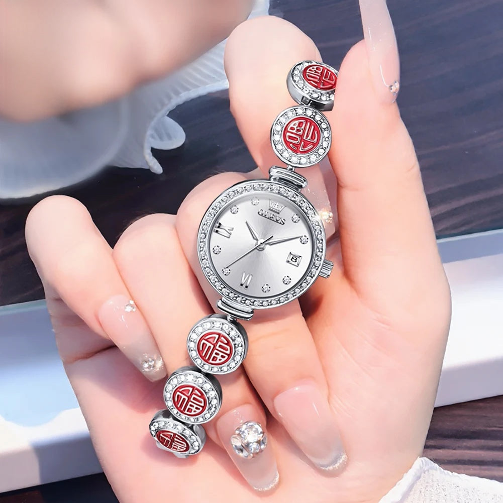 Montre à Quartz Élégante pour Femme, Bracelet Cadran Rouge Étanche
