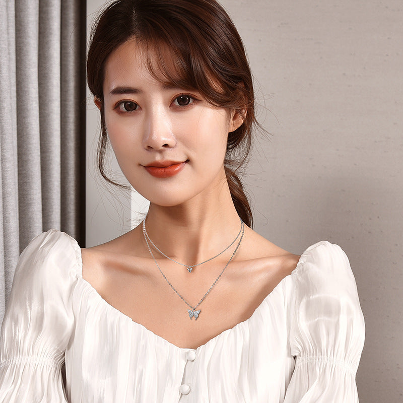 Double Layer Zircon Butterfly Necklace For Women, Dainty Stacked Collarbone Chain, Adjustable Long Sweater Chain Minimal Fashion Jewelry