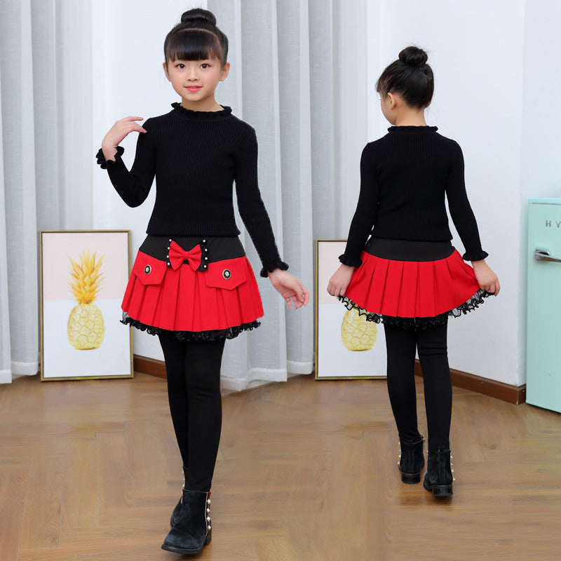 Thickened Fleece-Lined Base Leggings With Beaded Bow In Two Colors