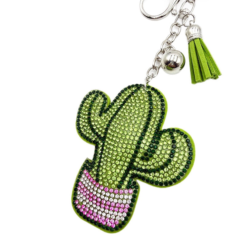 Diamond-Encrusted Cactus Keychain With Tassel Metal Pendant