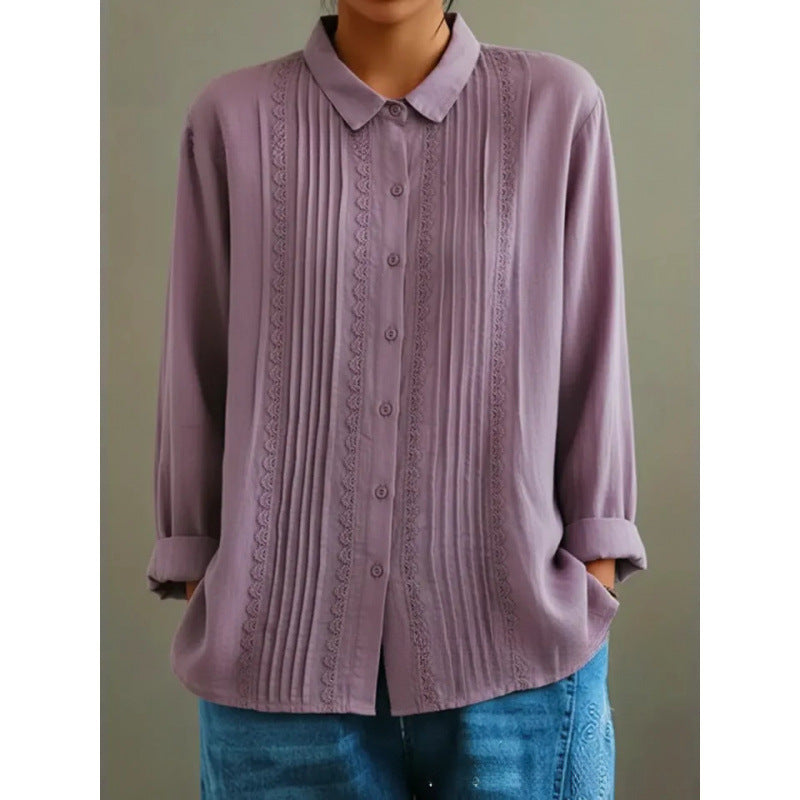Womens Cotton-Linen Long-Sleeve Loose Shirt With Lace Trim