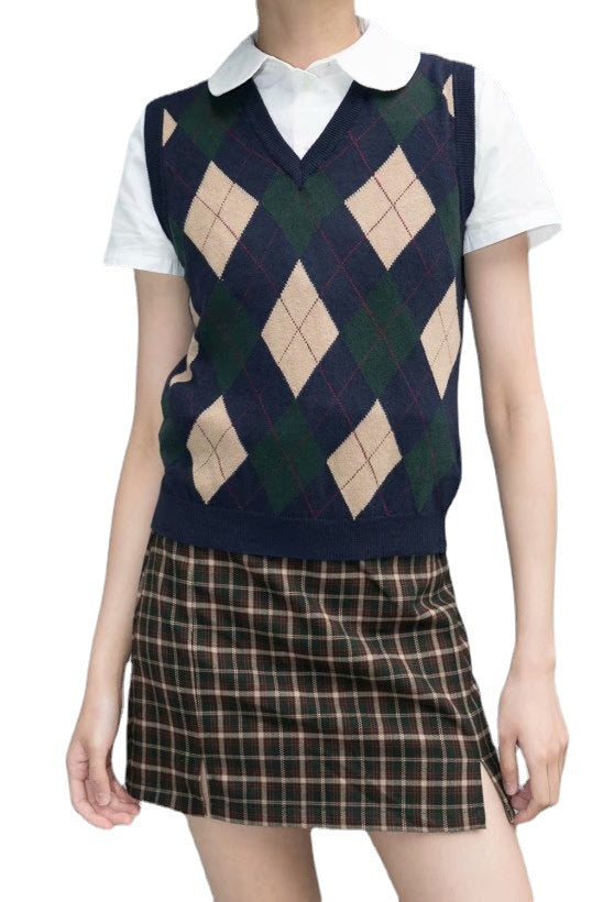 Retro Preppy Style Versatile Diamond-Check BM Knitted Vest