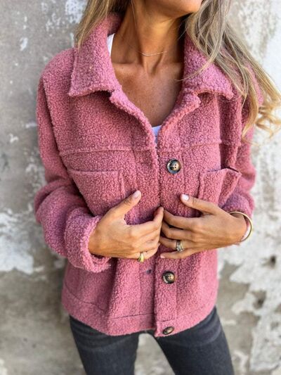 Comfortable Modern Women Full Size Fuzzy Button-Up Jacket with Drop Shoulder and Pockets