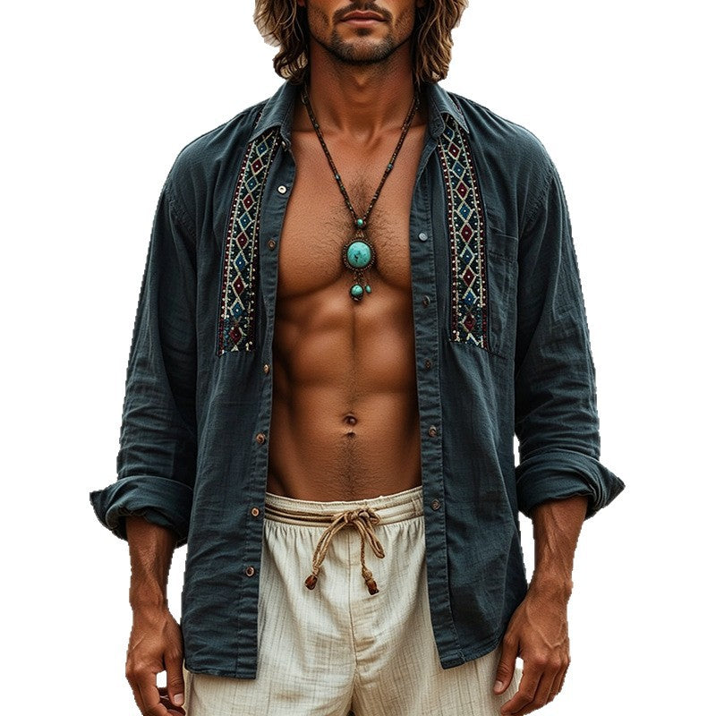 New Autumn Winter Mens Fashionable Printed Long-Sleeve Beach Shirt