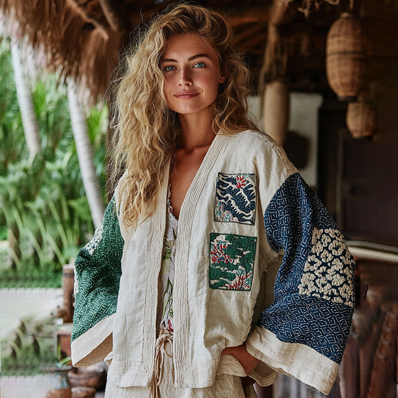 Ethnic-style Casual Linen Shawl With A Printed Shirt