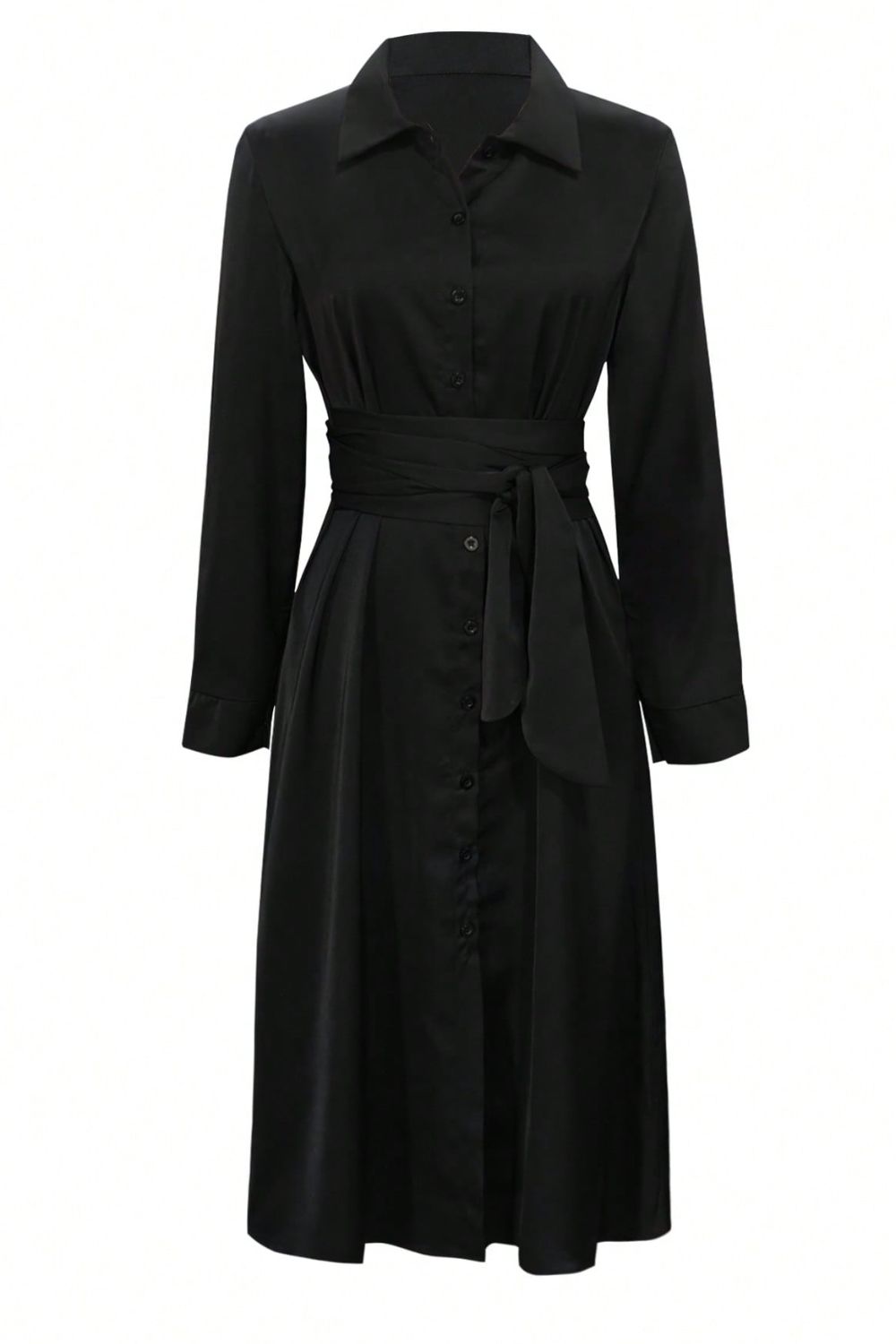 Elegant Black Collared Neck Long Sleeve Midi Shirt Dress Tied and Buttoned Women’s Dress