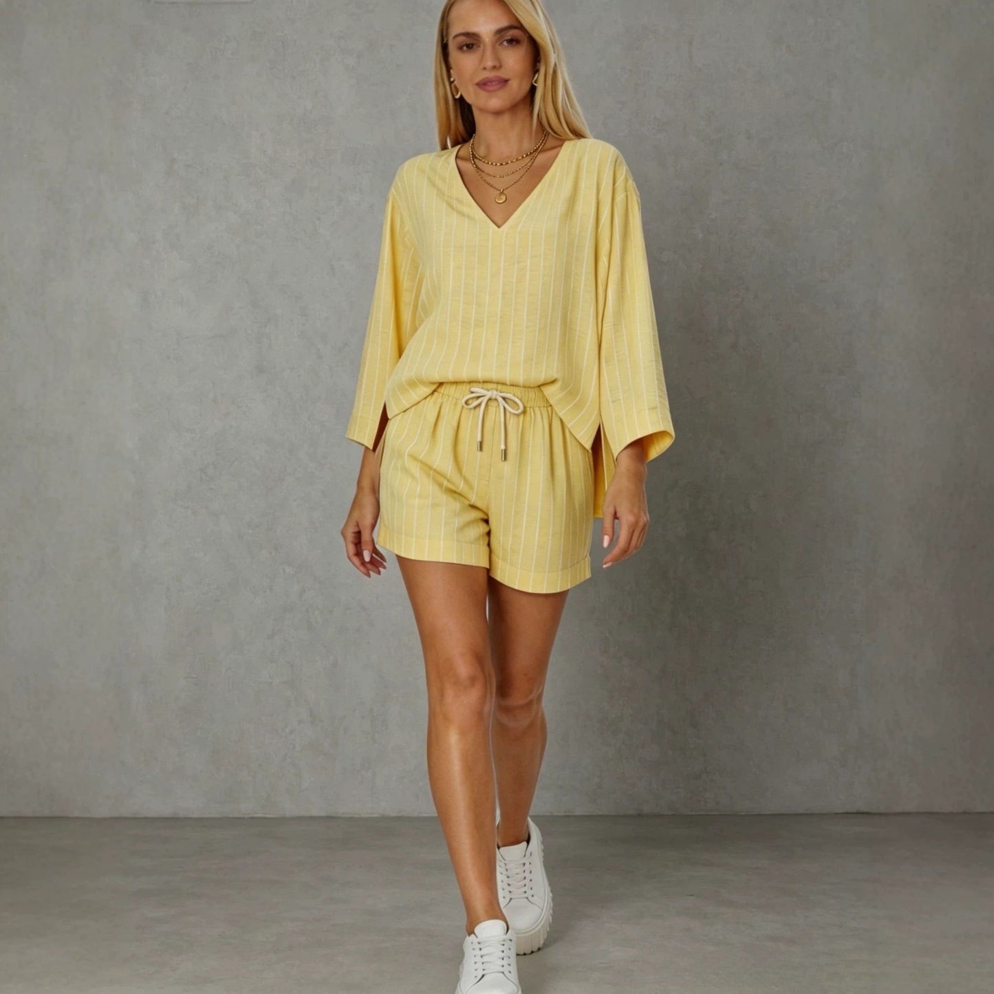 Women's Loose V-Neck Long Sleeve Striped Shorts Set – Casual Leisure