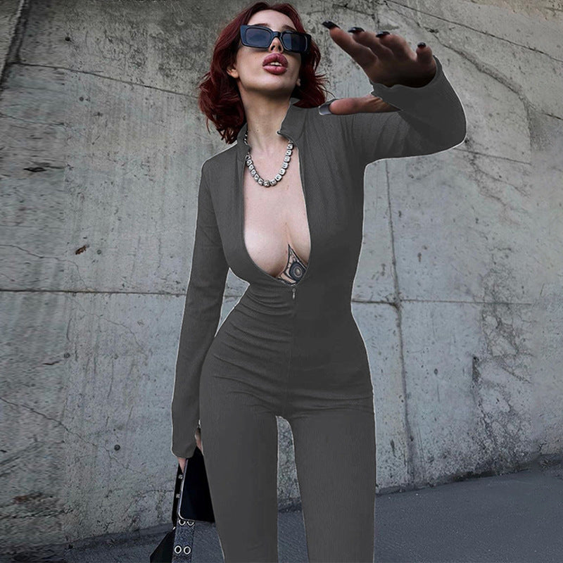 Women's Fashion Zipper Chest Slim-Fit Long-Sleeve Stretch Jumpsuit