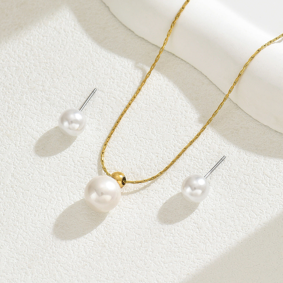 Minimalist Japanese Korean Style Geometric Pearl Jewelry Set, Niche Inlaid Craft Design Necklace & Sweet Versatile Earrings For Women