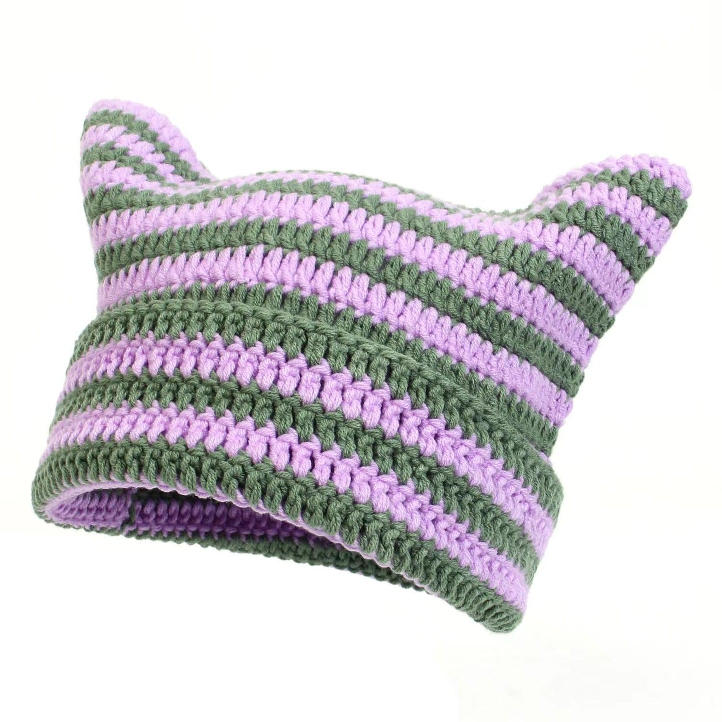 Women’s Hand Knitted Striped Cat Hat – Cute Warm Winter Beanie