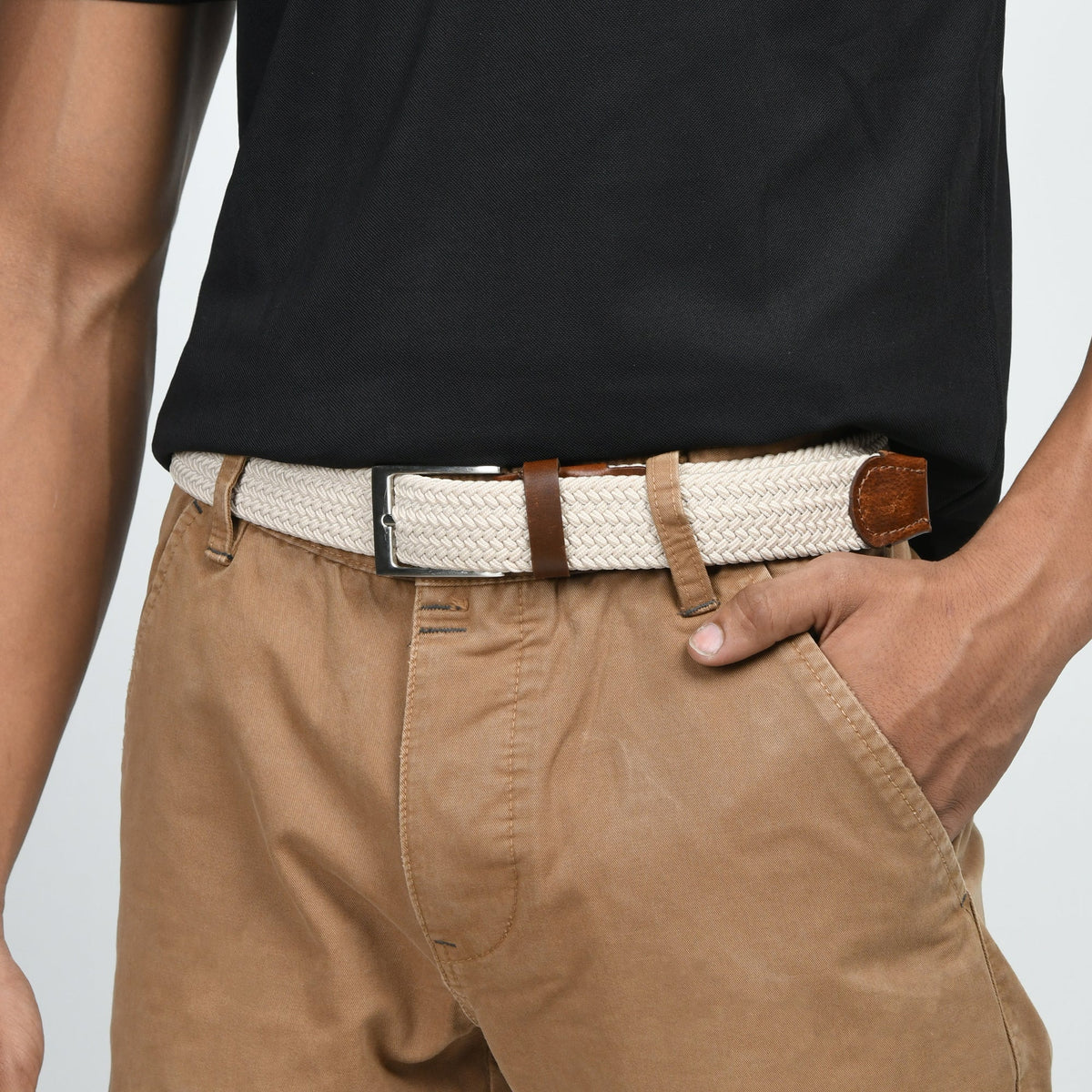 Ceinture en toile tressée crème et marron avec cuir