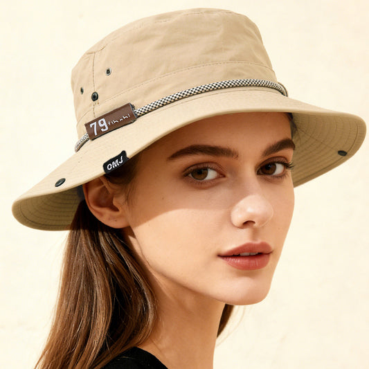 Wide-Brim Leather Patch Fisherman Hat – UV Sun Protection Outdoor Hat