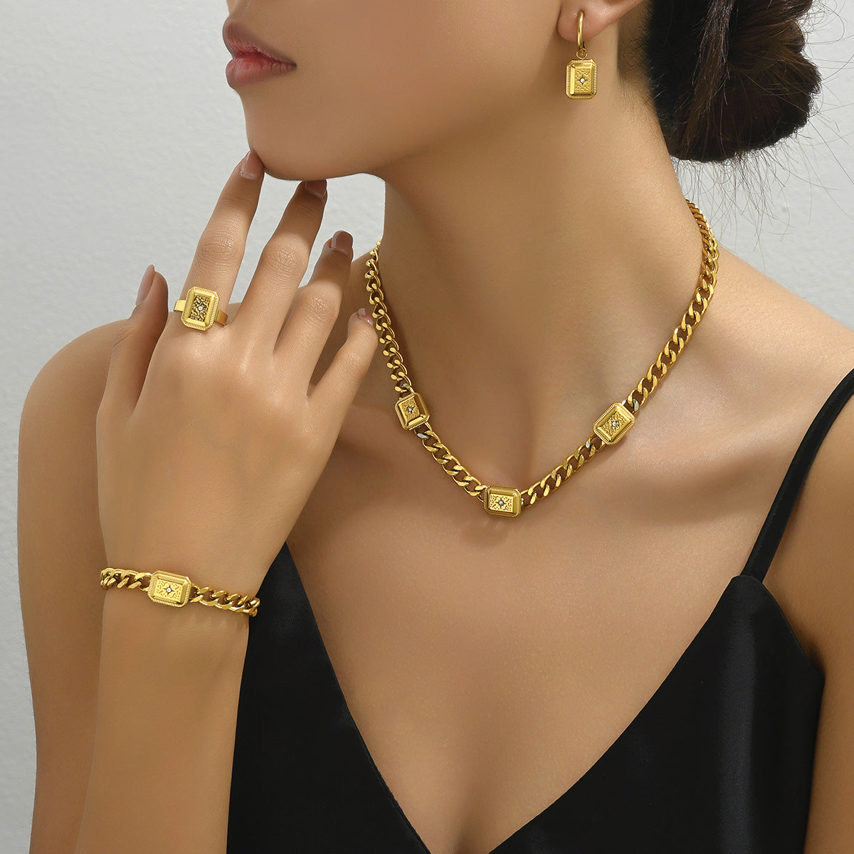 Ins Vintage Court Style Jewelry Set, Geometric Cubic Zirconia Inlaid Bracelet, Ring, Earrings & Versatile Niche Long Necklace For Women