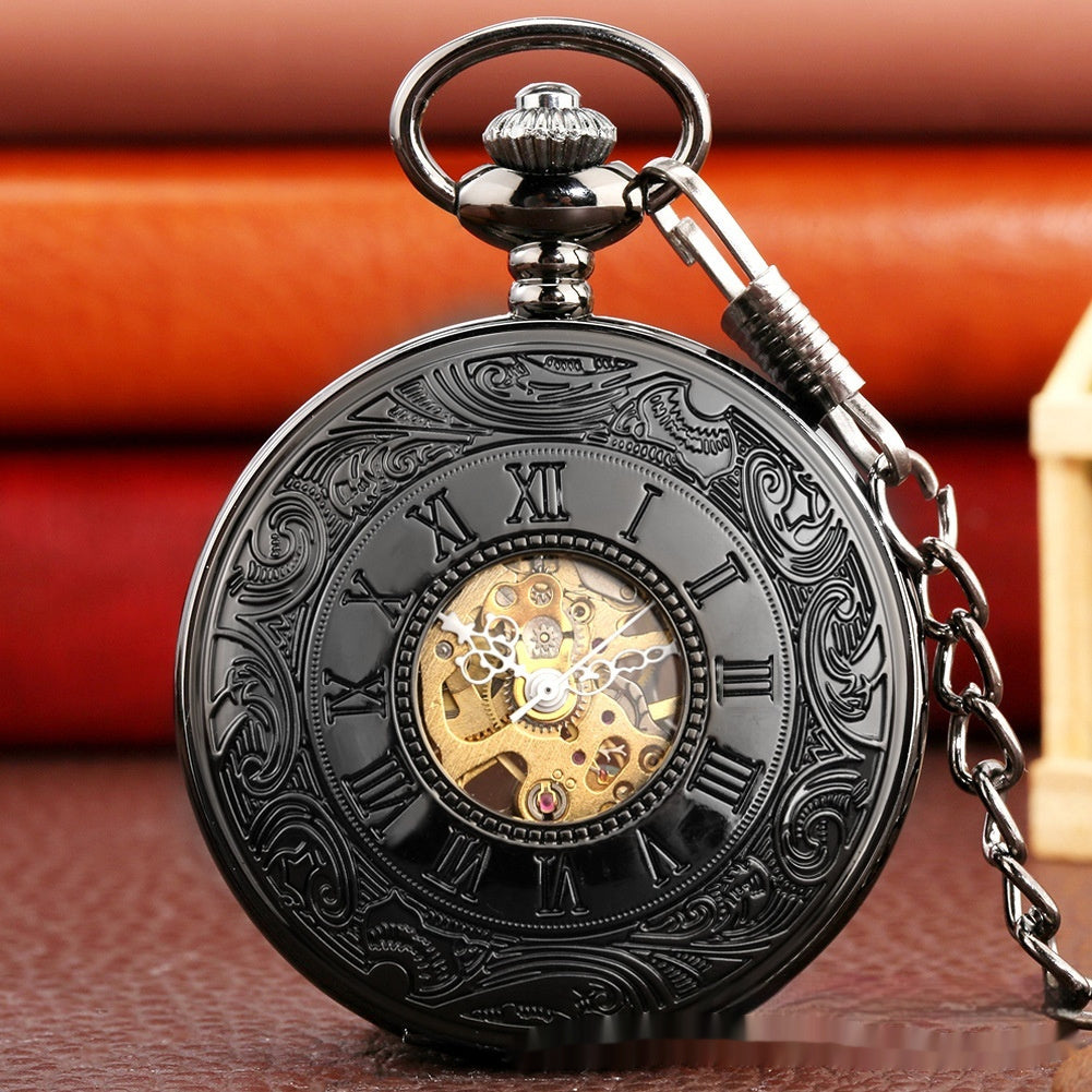 Retro Flip-Open Patterned Dual-Display Pocket Watch