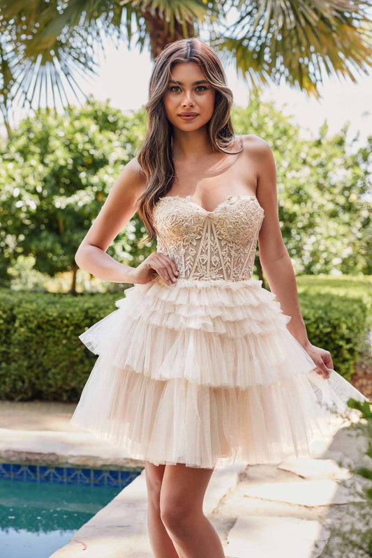 Juliet JT918A Dress Strapless Cocktail Leaf Lace Corset Bodice Ruffle Skirt