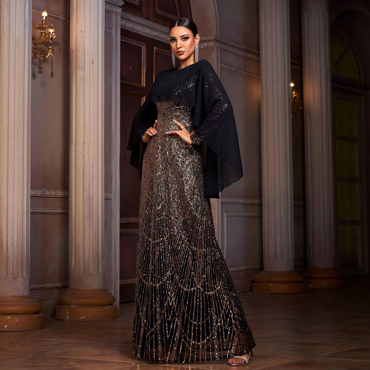 Elegant Long Sleeve Round Neck Shawl Banquet Sequined A- Line Evening Dress