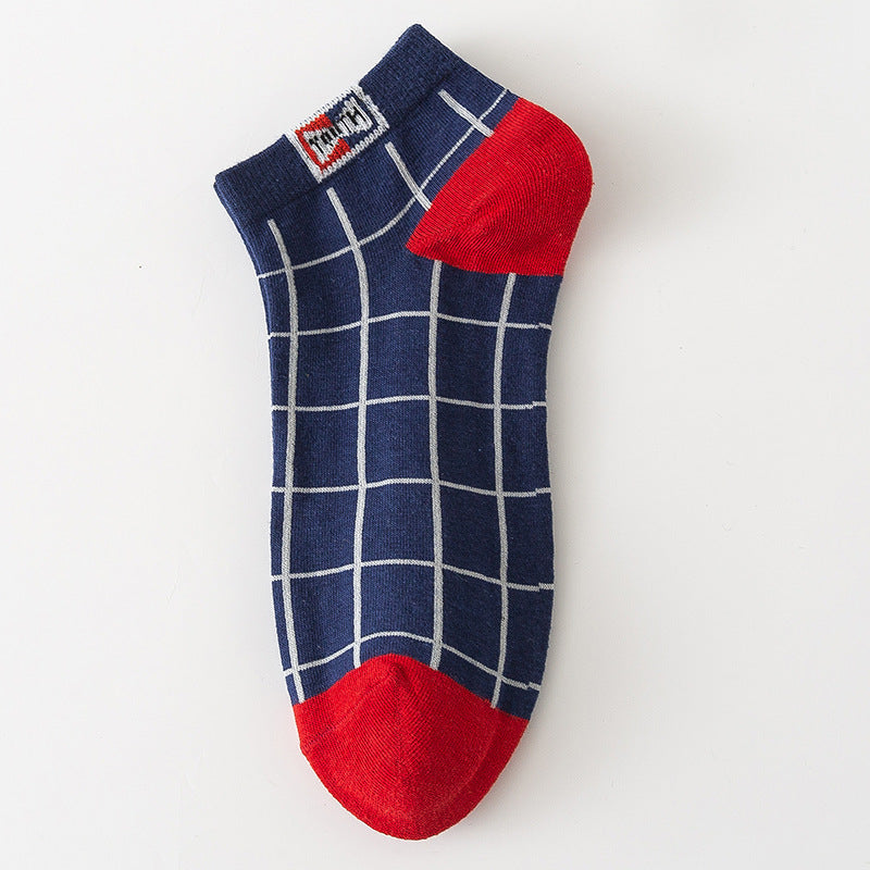 Mens Cotton Socks Plaid Pattern Low-cut All-season