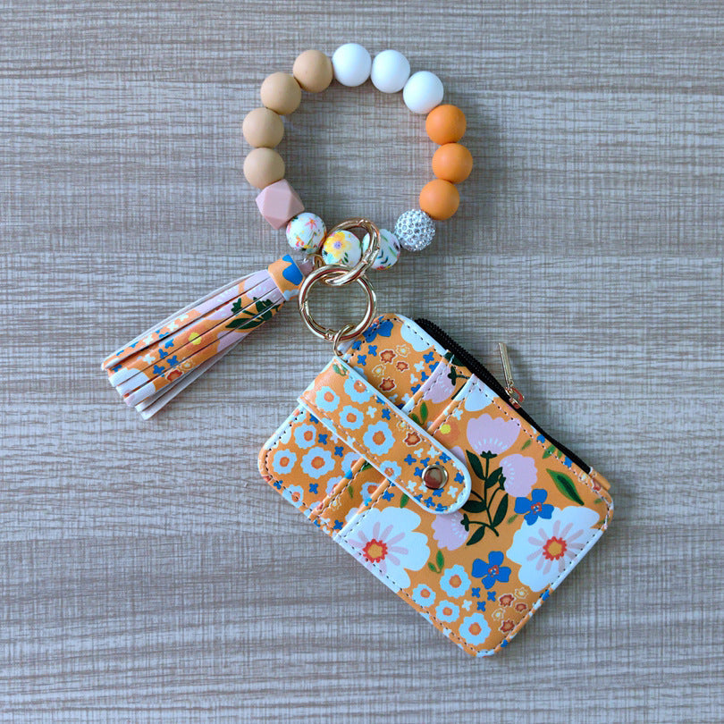 Womens Silicone Bead Bracelet Keychain Cardholder