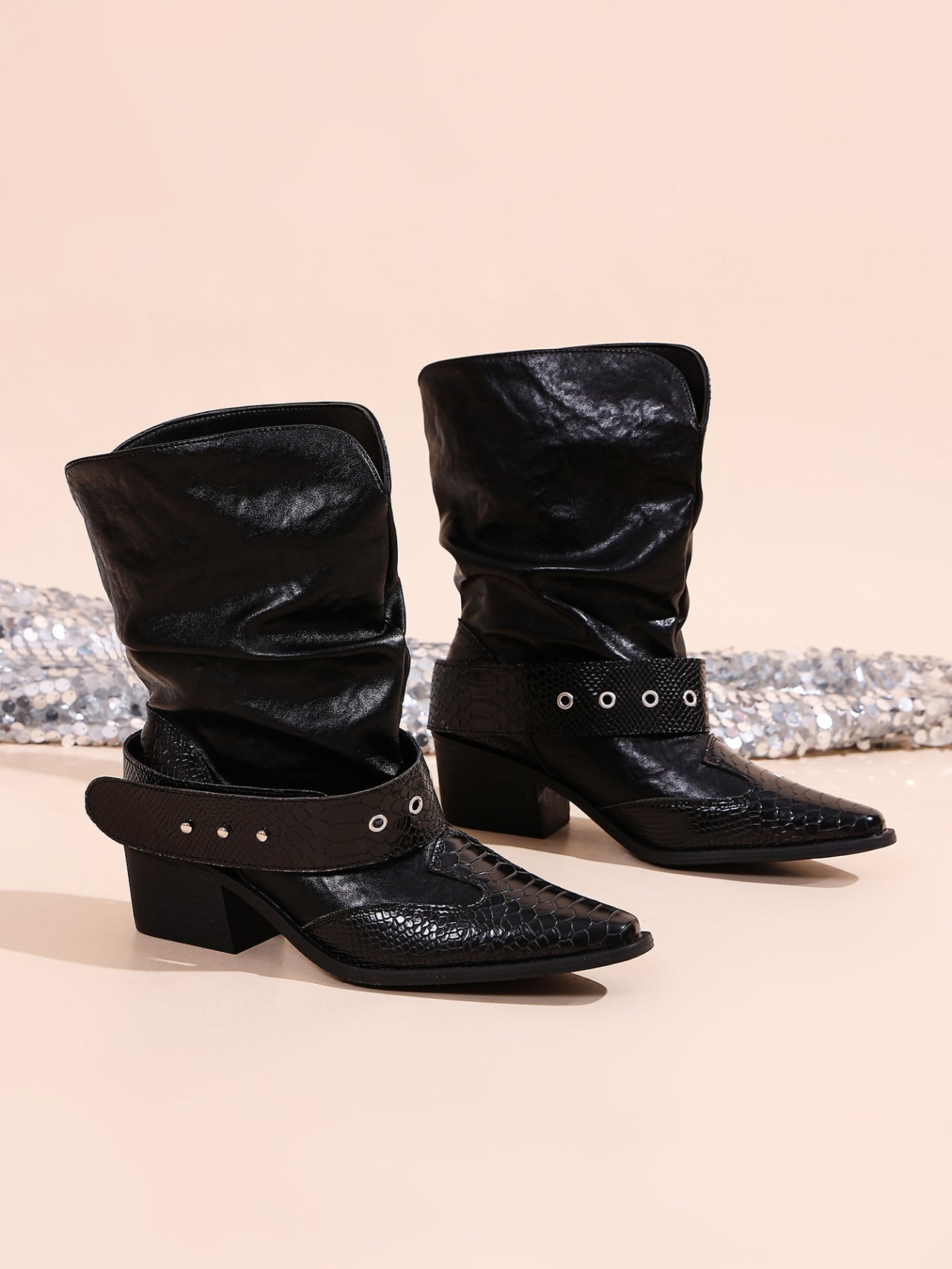 Women Stylish Ruched Western Cowboy Ankle Boots, 2026 Spring Summer Hit Style Black Slim Fit Pointed Toe Block Heel Knight Short Boots