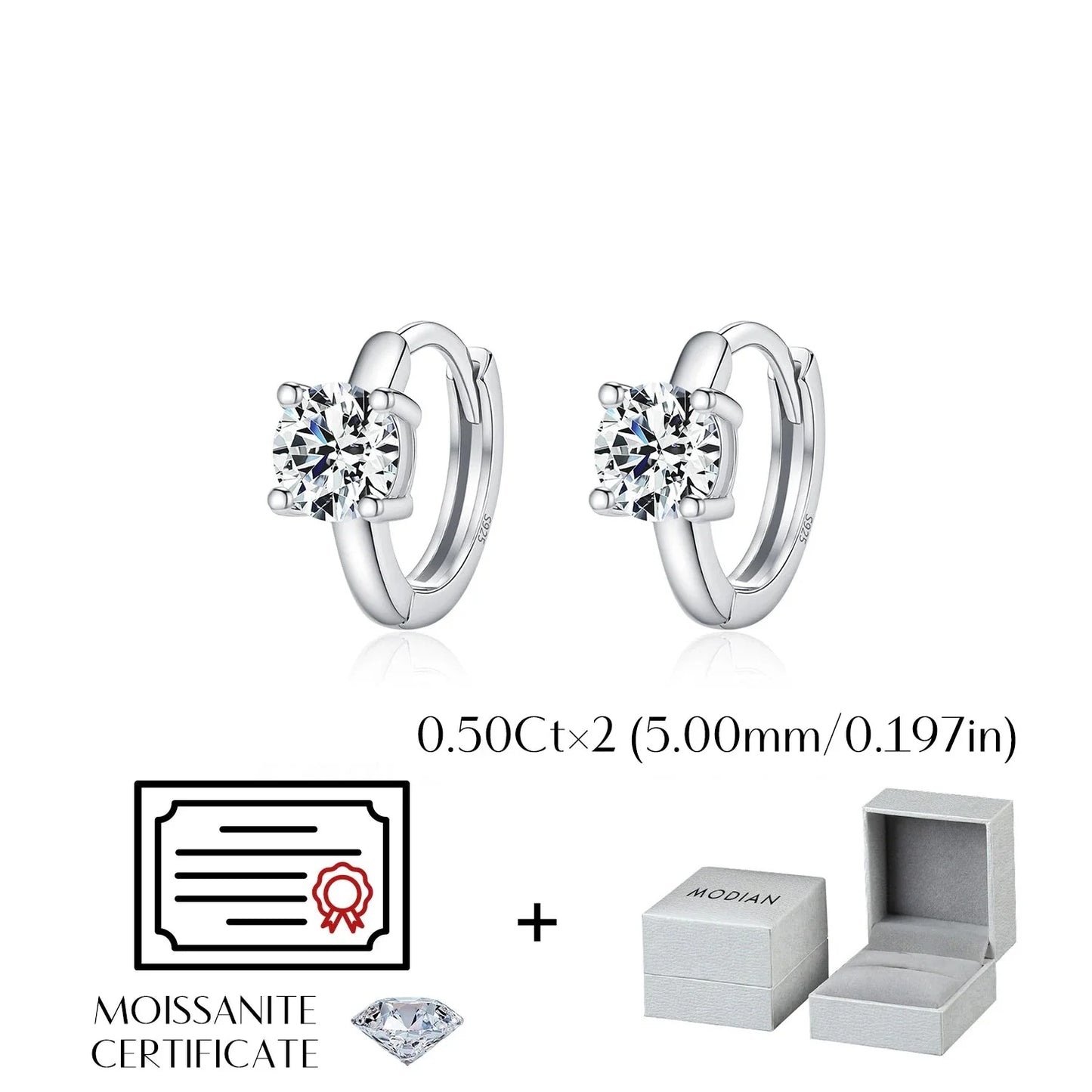 Ohrringe für Damen aus 925er Sterlingsilber mit D-farbenem, rundem Moissanit und funkelnden Creolen