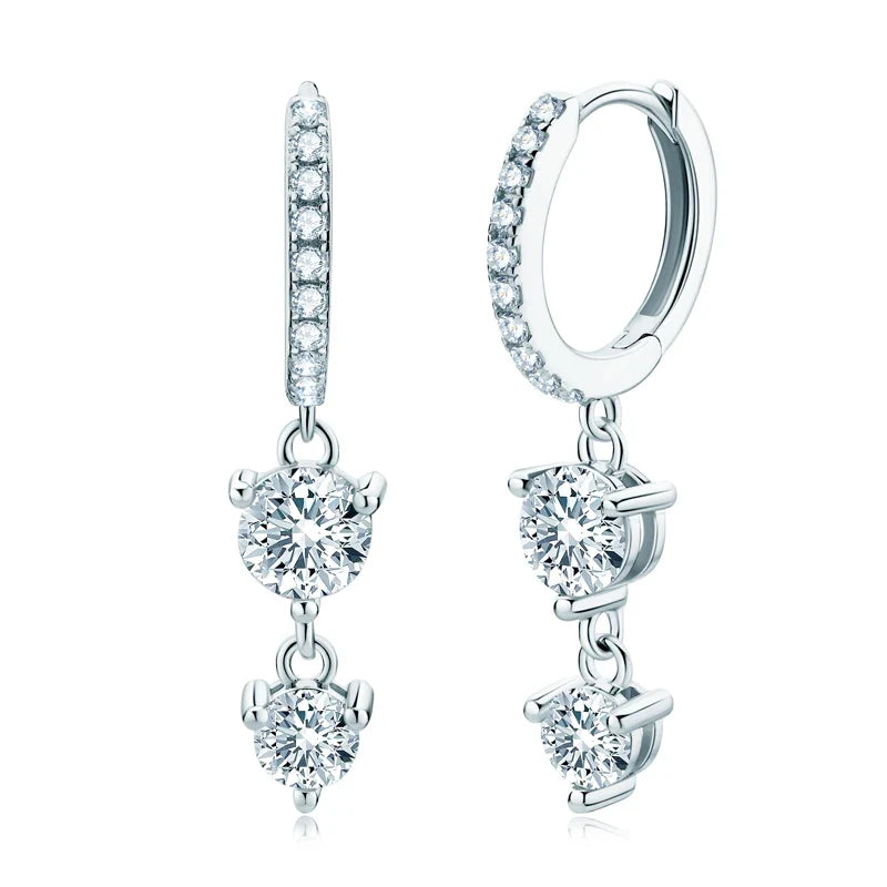 Two-Stone Moissanite Hoop Drop Earrings in Sterling Silver