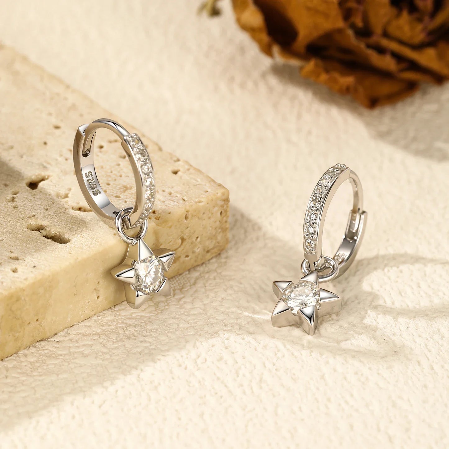 Boucles d'oreilles créoles en argent sterling 925 avec moissanite étoile, couleur D, brillantes, pour femmes