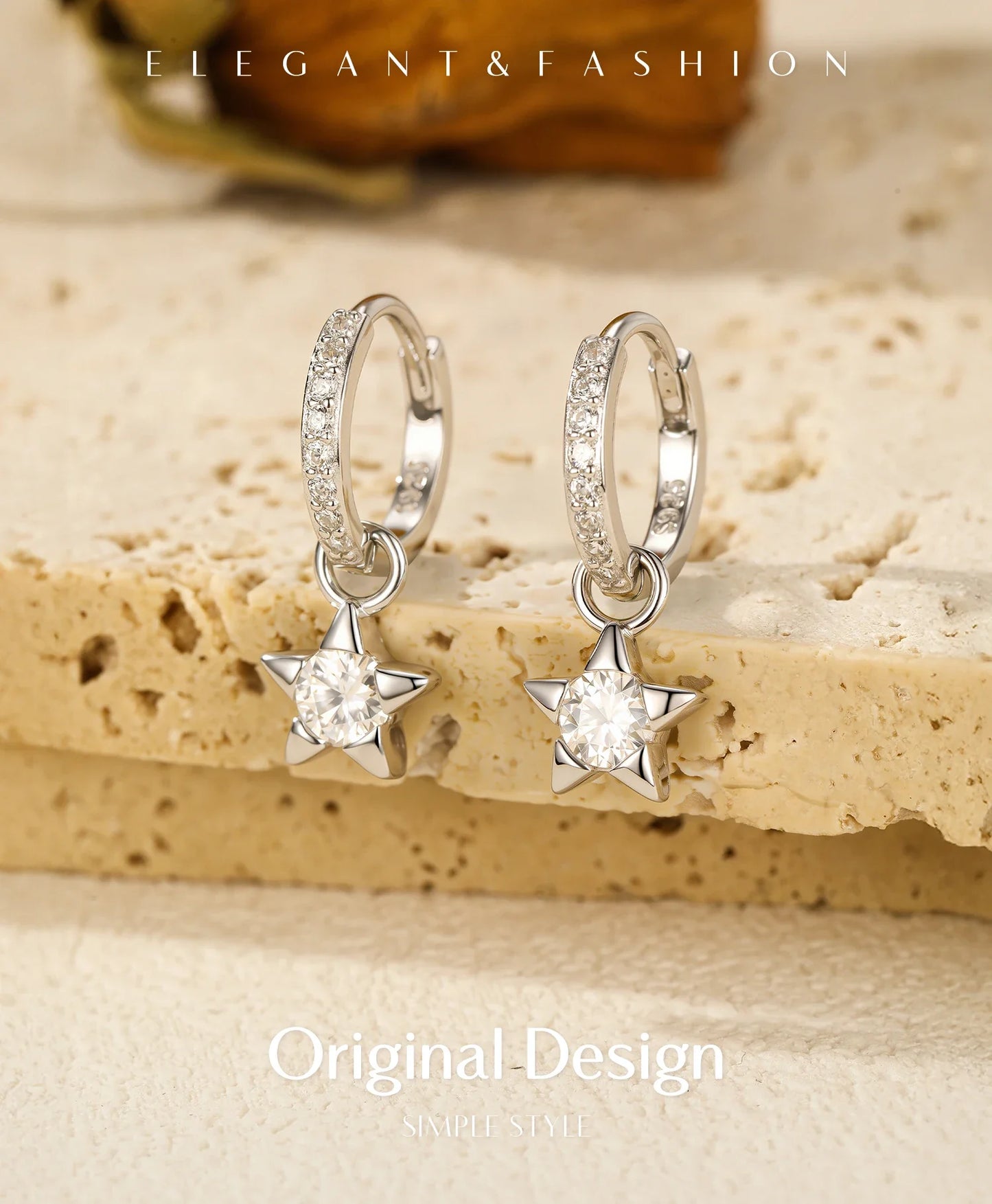 Boucles d'oreilles créoles en argent sterling 925 avec moissanite étoile, couleur D, brillantes, pour femmes