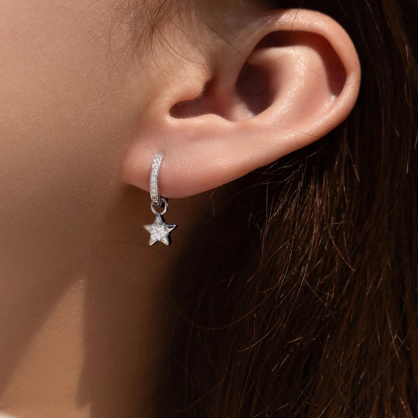 Boucles d'oreilles créoles en argent sterling 925 avec moissanite étoile, couleur D, brillantes, pour femmes