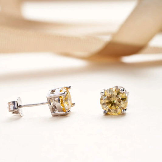 925 Sterling Silver Moissanite Stud Earrings 0.5-1Ct VVS1 Light Yellow
