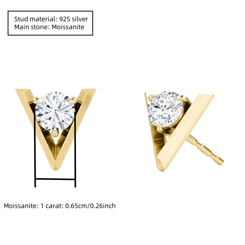 Boucles d'oreilles clous unisexe en argent sterling 925 en forme de V, serties de moissanite 2 carats (1 carat x 2)