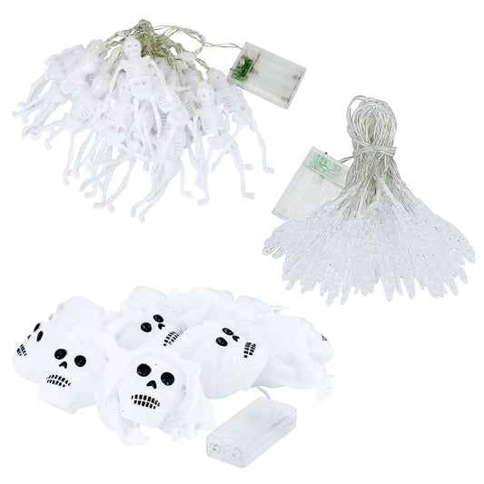 3 Stück Halloween Lichterketten Gesamt 50 LEDs 7,3m Halloween Lichterketten Bunt 3D Skelett Geister Lichterketten Gaze Totenkopf Lichterketten Gruselig