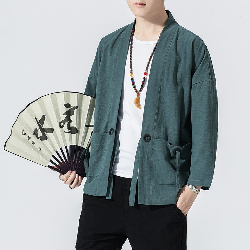 Chinese Style Cotton And Linen Cropped Sleeve Cardigan Baggy Coat Sun Protection Clothing