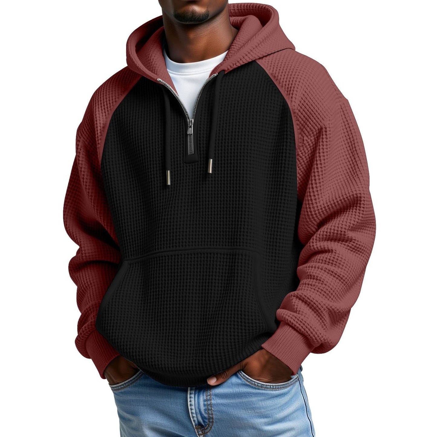 Color-block Waffle-knit Long-sleeve Hooded Jacket