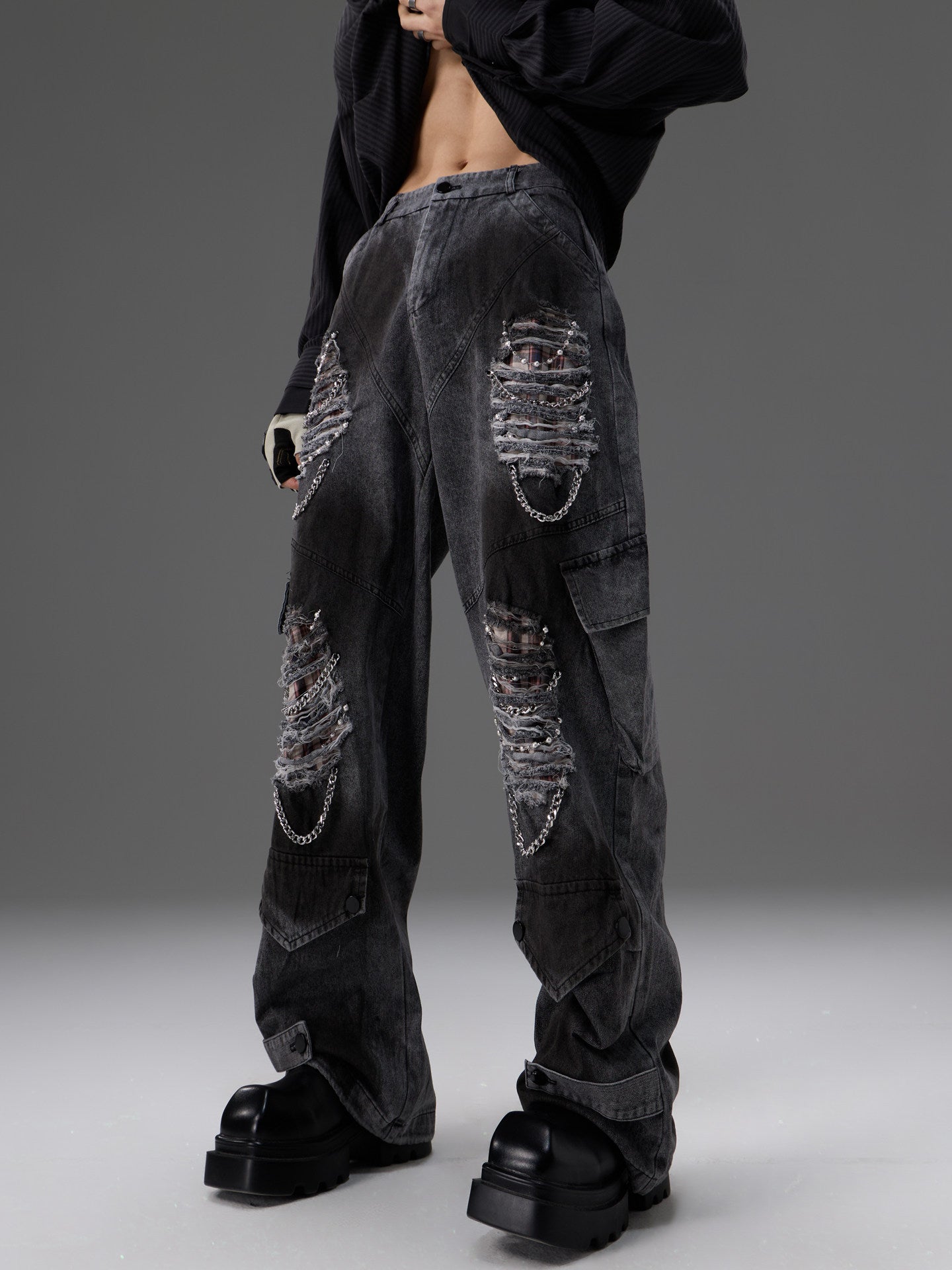 Retro Distressed Denim Jeans With Pearl And Metal Hardware Work Pants