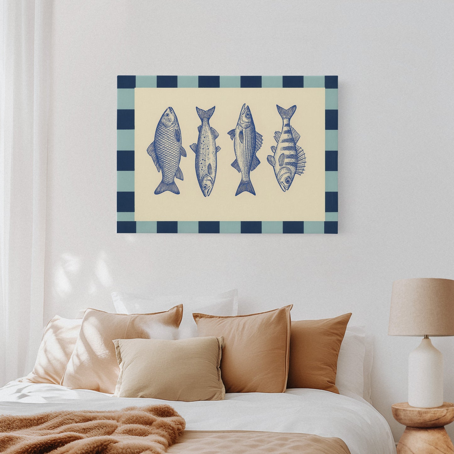 Quatuor de poissons vintage sur un damier bleu