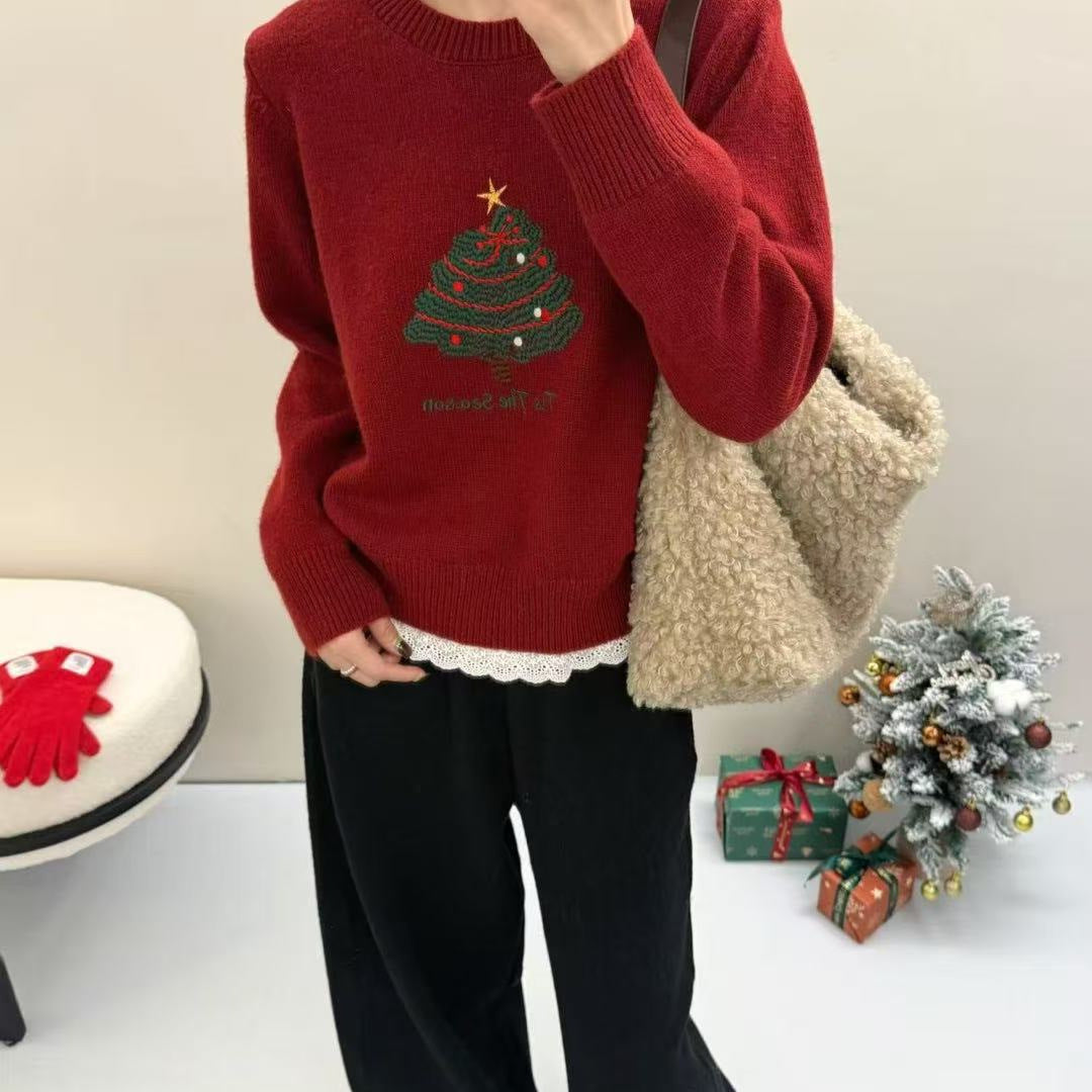 Womens Christmas Tree-Print Thermal Lace-Patchwork Sweater Preppy-Style Pullover Sweater